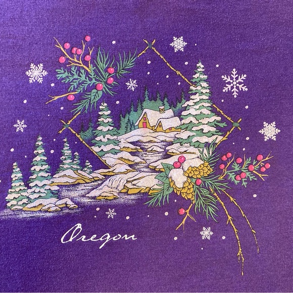 Vintage 90s Jerzees Oregon Winter Christmas Forest Purple Sweatshirt Adult L - Picture 3 of 11